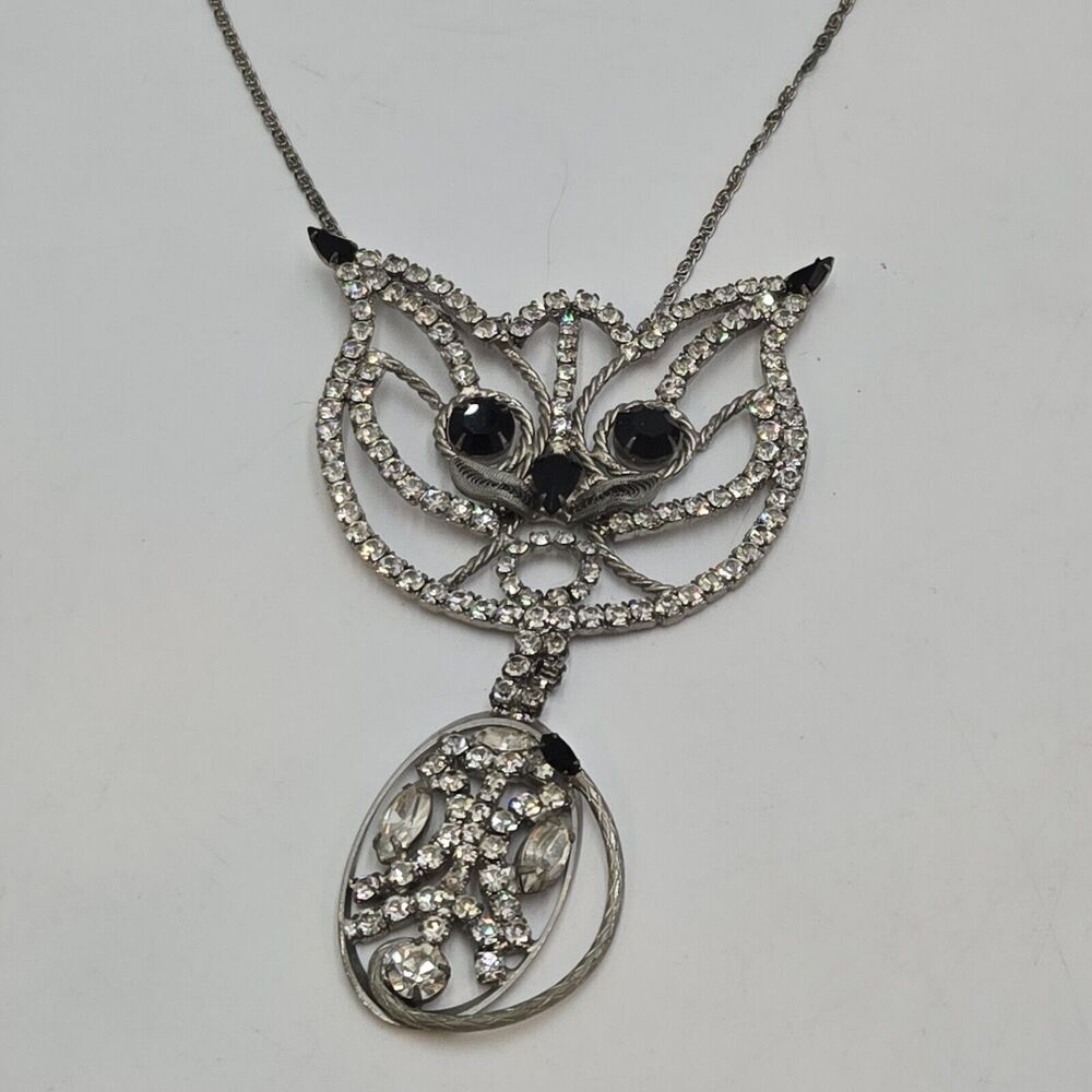 Vintage Massive Prong Set Rhinestone Cat Long Pendant Silver Tone 24" Necklace
